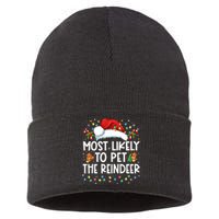 Most Likely To Pet The Reindeer Funny Christmas Sustainable Knit Beanie