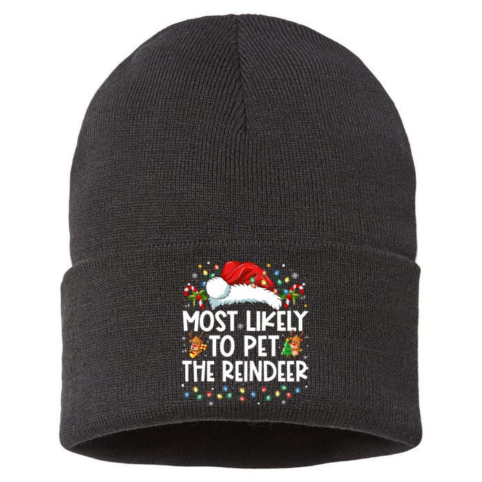 Most Likely To Pet The Reindeer Funny Christmas Sustainable Knit Beanie