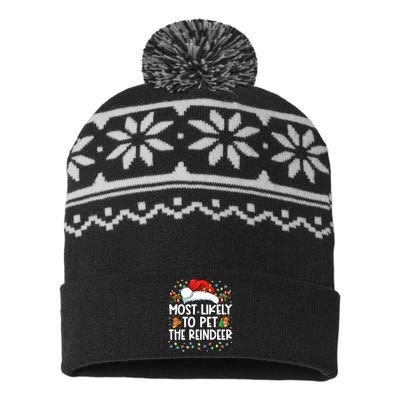 Most Likely To Pet The Reindeer Funny Christmas USA-Made Snowflake Beanie