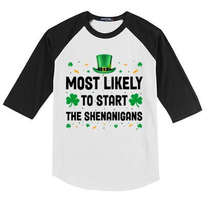 Most Likely To Start The Shenanigans Funny St Patricks Day Kids Colorblock Raglan Jersey
