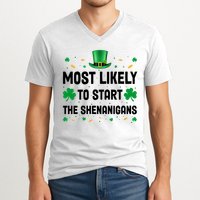 Most Likely To Start The Shenanigans Funny St Patricks Day V-Neck T-Shirt