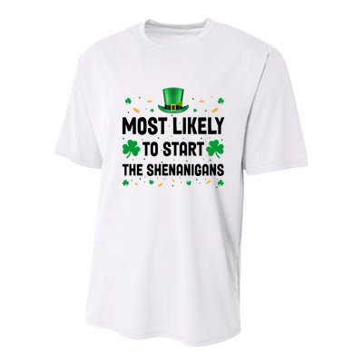 Most Likely To Start The Shenanigans Funny St Patricks Day Youth Performance Sprint T-Shirt
