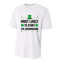 Most Likely To Start The Shenanigans Funny St Patricks Day Youth Performance Sprint T-Shirt