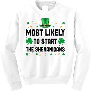 Most Likely To Start The Shenanigans Funny St Patricks Day Kids Sweatshirt