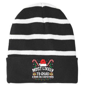 Most Likely To Read A Book On Christmas Matching Family Striped Beanie with Solid Band