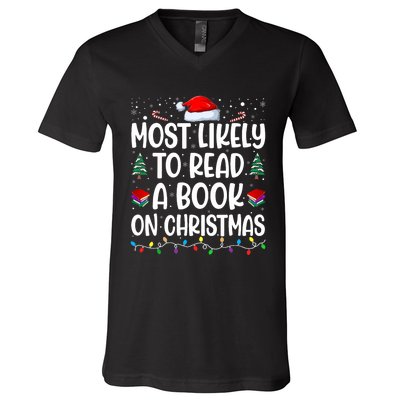 Most Likely To Read A Book On Christmas Matching Family V-Neck T-Shirt