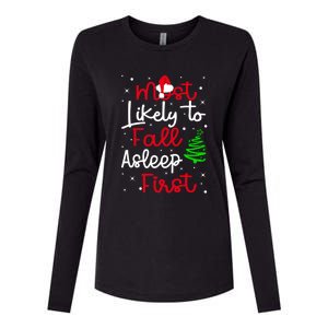 Most Likely To Fall Asleep First Family Matching Christmas Gift Womens Cotton Relaxed Long Sleeve T-Shirt