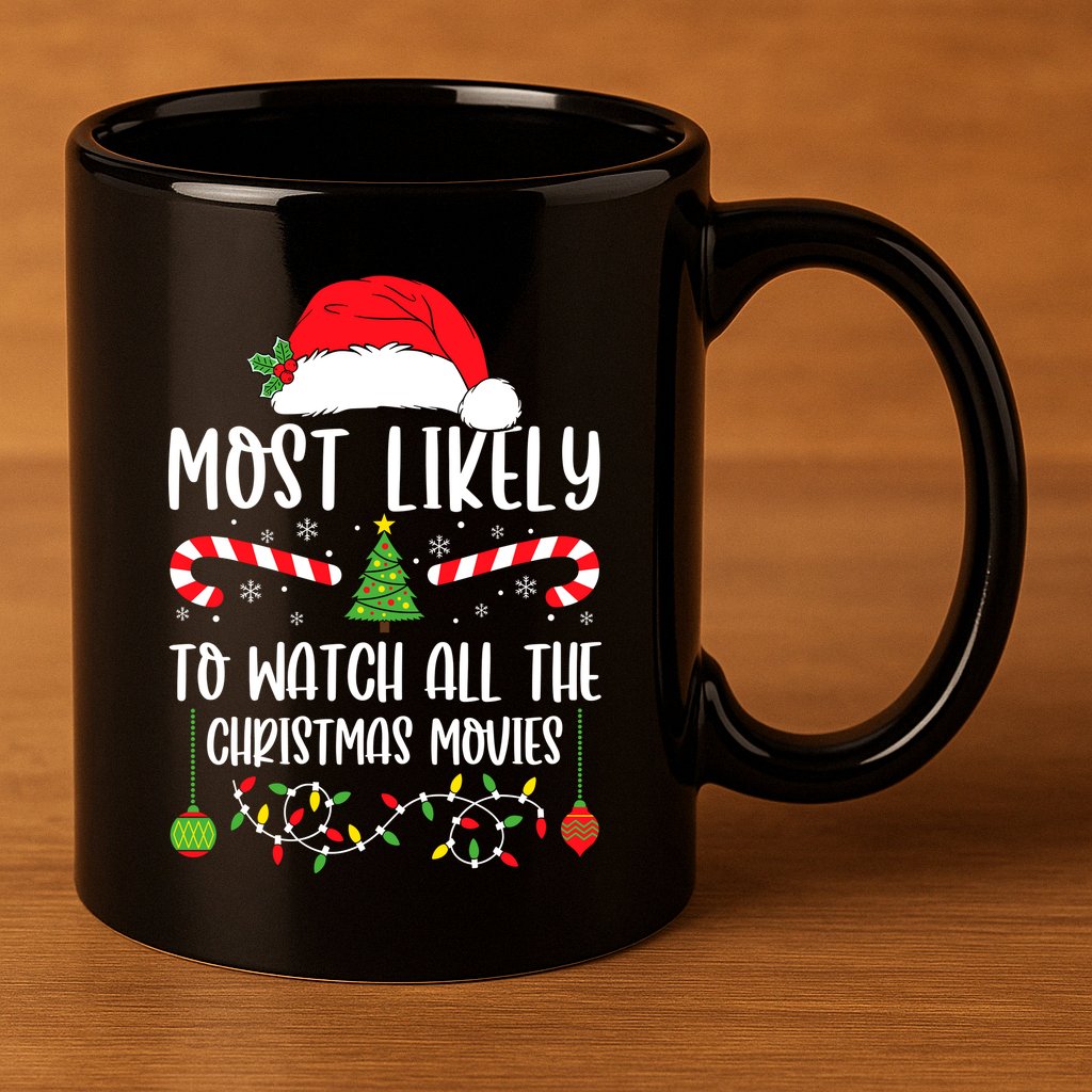 Most Likely To Watch All The Christmas Movies Xmas Matching 11oz C Handle Ceramic Mug