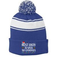 Most Likely To Spoil The Grandkids Funny Christmas Grandma Stripe Pom Pom Beanie