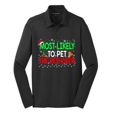 Most Likely To Pet The Reindeer Family Christmas Holiday Gift Silk Touch Performance Long Sleeve Polo