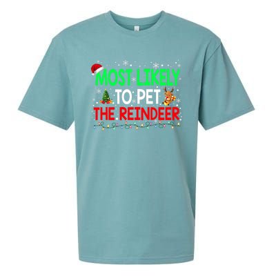 Most Likely To Pet The Reindeer Family Christmas Holiday Gift Sueded Cloud Jersey T-Shirt