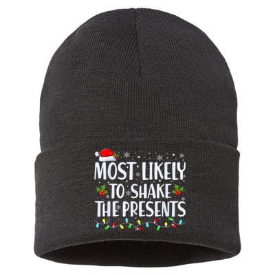 Most Likely To Shake The Presents Funny Family Christmas Sustainable Knit Beanie