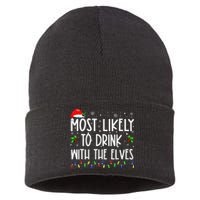 Most Likely To Drink With The Elves Elf Family Christmas Sustainable Knit Beanie