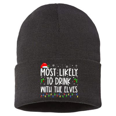 Most Likely To Drink With The Elves Elf Family Christmas Sustainable Knit Beanie