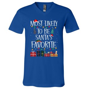 Most Likely To Be Santa’S Favorite Xmas Pajama Gift V-Neck T-Shirt