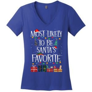 Most Likely To Be Santa’S Favorite Xmas Pajama Gift Women's V-Neck T-Shirt