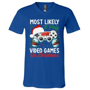 Most Likely To Play Video Games On Christmas Funny Gamer  V-Neck T-Shirt