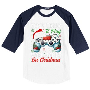 Most Likely To Play Video Games On Christmas Funny Gamer  Baseball Sleeve Shirt