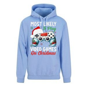 Most Likely To Play Video Games On Christmas Funny Gamer  Unisex Surf Hoodie