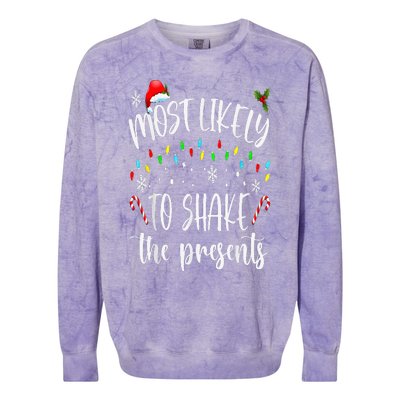 Most Likely To Shake The Presents Funny Christmas Holiday Colorblast Crewneck Sweatshirt