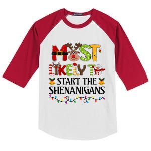 Most Likely To Start The Shenanigans Christmas Family Xmas Kids Colorblock Raglan Jersey