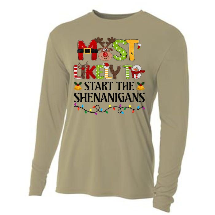 Most Likely To Start The Shenanigans Christmas Family Xmas Cooling Performance Long Sleeve Crew