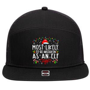 Most Likely To Be Mistaken As An Elf Funny Family Christmas 7 Panel Mesh Trucker Snapback Hat