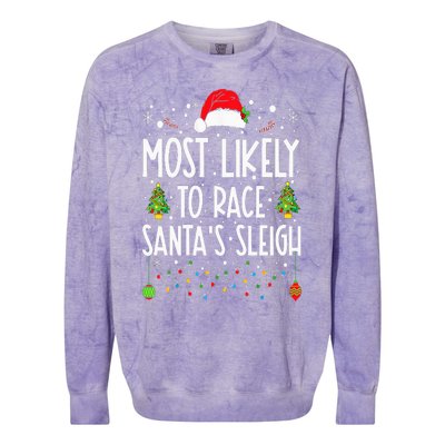 Most Likely To Race Santa's Sleigh Family Christmas Pajamas Colorblast Crewneck Sweatshirt