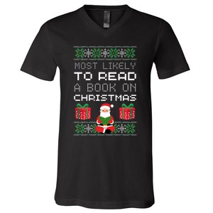 Most Likely To Read A Book On Christmas V-Neck T-Shirt