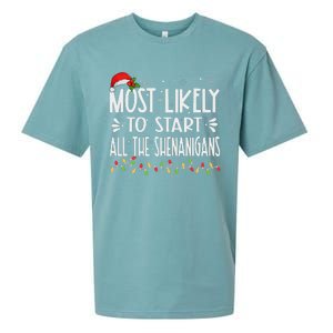 Most Likely To Start All The Shenanigans Funny Family Sueded Cloud Jersey T-Shirt