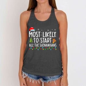 Most Likely To Start All The Shenanigans Family Xmas Holiday Women's Knotted Racerback Tank