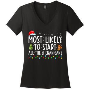 Most Likely To Start All The Shenanigans Family Xmas Holiday Women's V-Neck T-Shirt