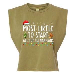 Most Likely To Start All The Shenanigans Family Xmas Holiday Garment-Dyed Women's Muscle Tee