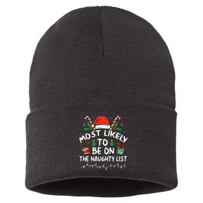 Most Likely To Be On The Naughty List Funny Family Christmas Sustainable Knit Beanie