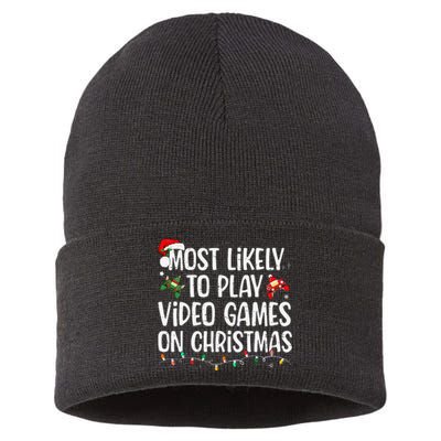 Most Likely To Play Video Games On Christmas Family Matching Gift Sustainable Knit Beanie