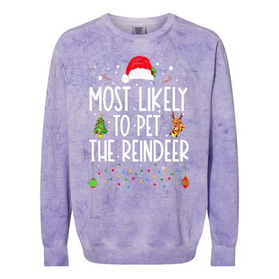 Most Likely To Pet The Reindeer Funny Christmas Colorblast Crewneck Sweatshirt