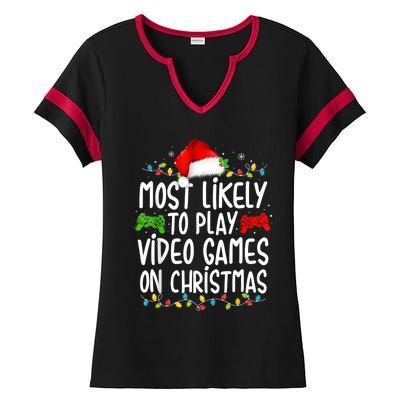 Most Likely To Play Video Games On Christmas Gamer Lovers Ladies Halftime Notch Neck Tee