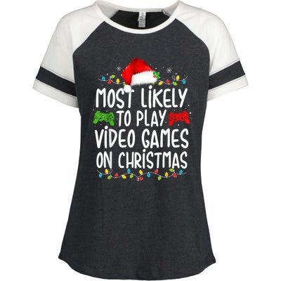 Most Likely To Play Video Games On Christmas Gamer Lovers Enza Ladies Jersey Colorblock Tee