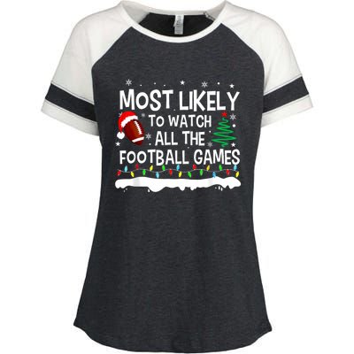 Most Likely To Watch All Football Games Christmas Enza Ladies Jersey Colorblock Tee