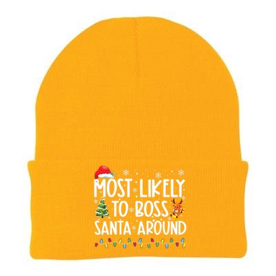 Most Likely To Boss Santa Around Shirts Funny Christmas Knit Cap Winter Beanie