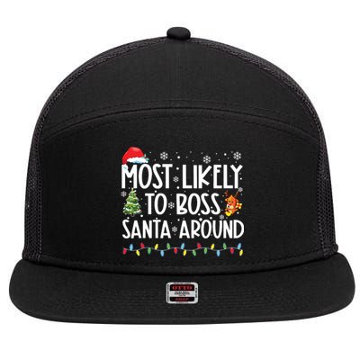 Most Likely To Boss Santa Around Shirts Funny Christmas 7 Panel Mesh Trucker Snapback Hat