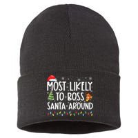 Most Likely To Boss Santa Around Shirts Funny Christmas Sustainable Knit Beanie