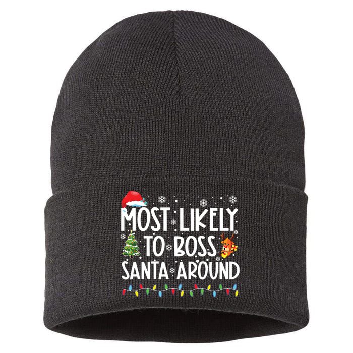 Most Likely To Boss Santa Around Shirts Funny Christmas Sustainable Knit Beanie