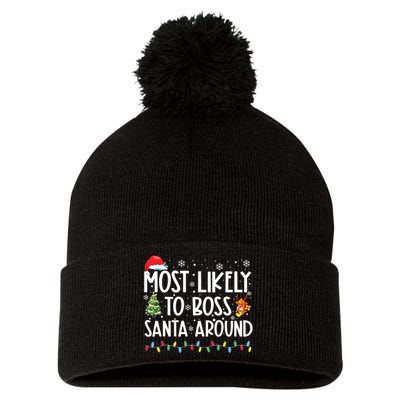 Most Likely To Boss Santa Around Shirts Funny Christmas Pom Pom 12in Knit Beanie