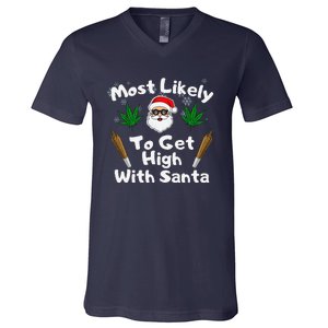 Most Likely To Get High With Santa Christmas Weed V-Neck T-Shirt