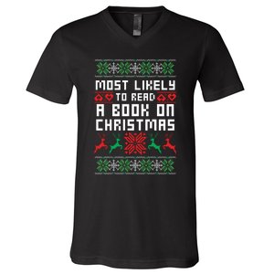 Most Likely To Read A Book On Christmas V-Neck T-Shirt