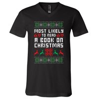 Most Likely To Read A Book On Christmas V-Neck T-Shirt