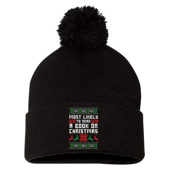 Most Likely To Read A Book On Christmas Pom Pom 12in Knit Beanie