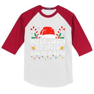 Most Likely To Offer Santa A Beer Funny Drinking Christmas Kids Colorblock Raglan Jersey