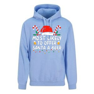 Most Likely To Offer Santa A Beer Funny Drinking Christmas Unisex Surf Hoodie